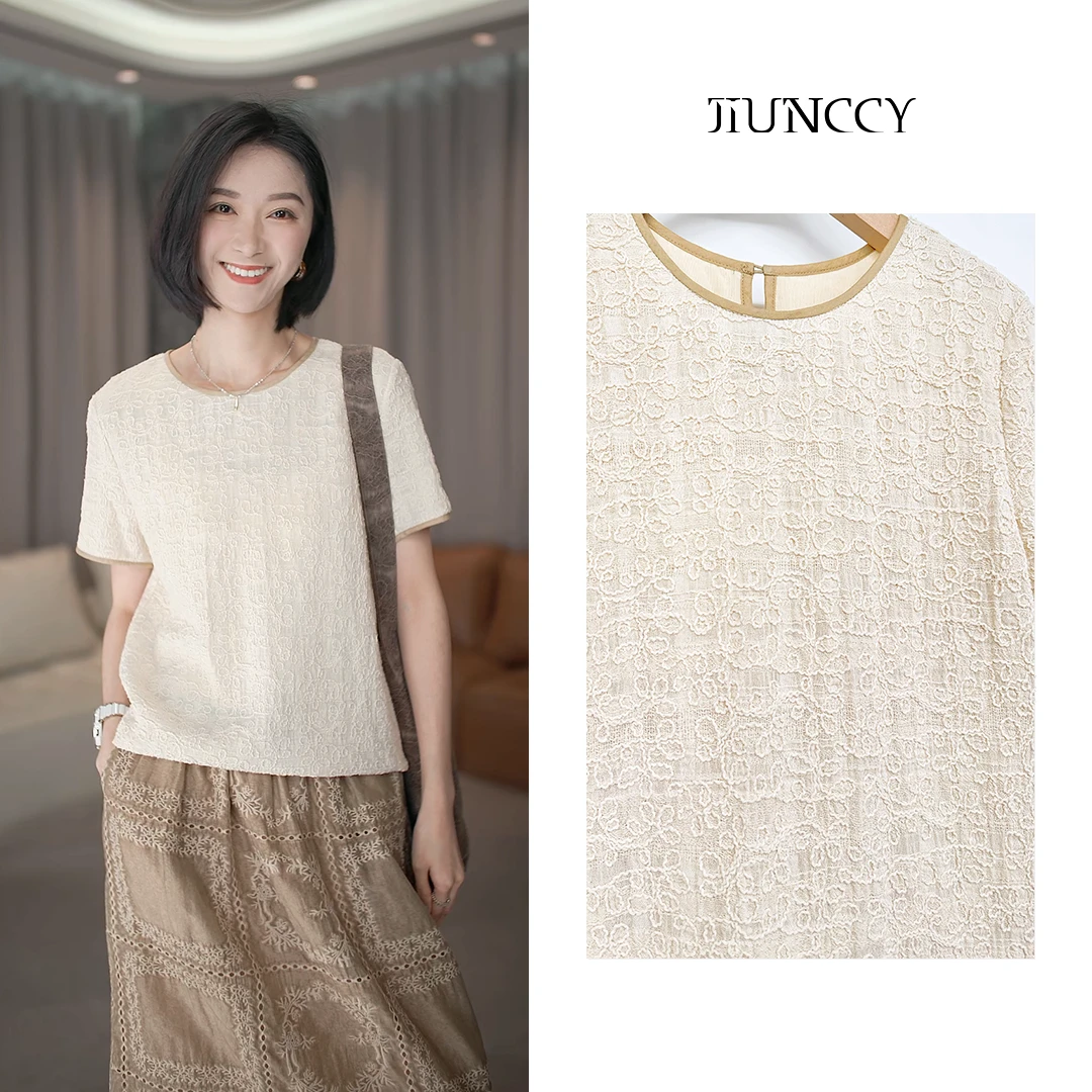 JIUNCCY【云舒】全棉重工刺绣肌理拼苎麻包边圆领短袖上衣 52YCY040