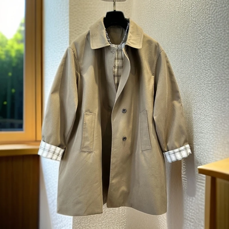 卡其色翻领拼接风衣外套2025春秋高级感气质百搭中长款大衣