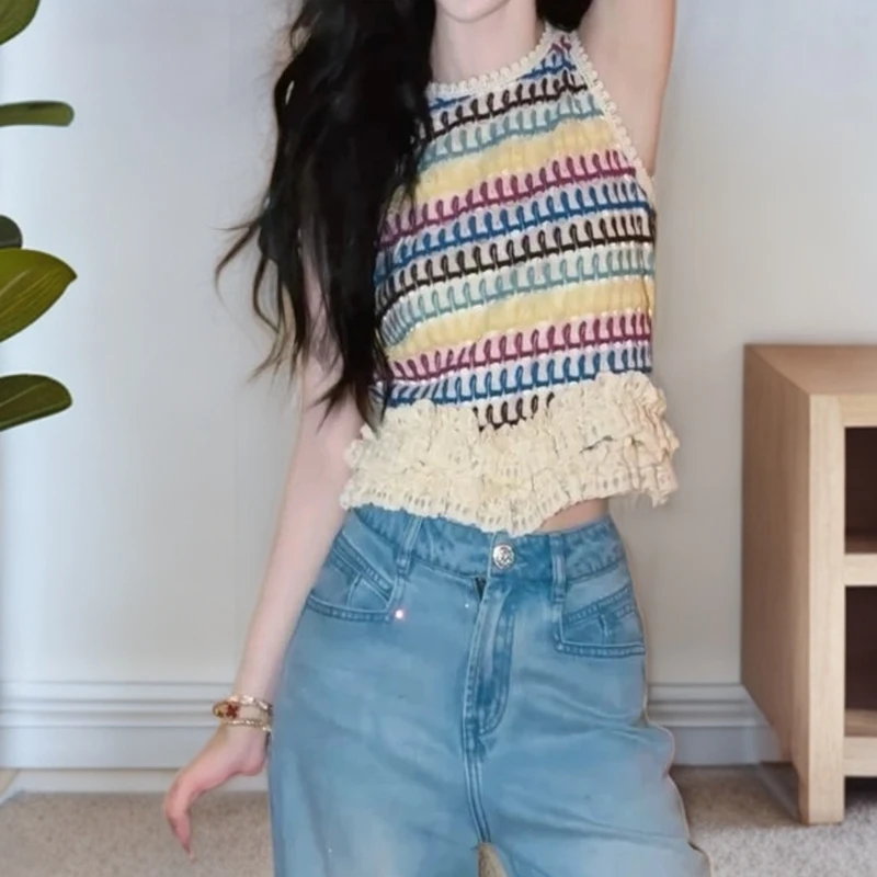 VIVIEN MINI【娜娜】时尚洋气百搭显瘦减龄蕾丝花边彩虹无袖短袖