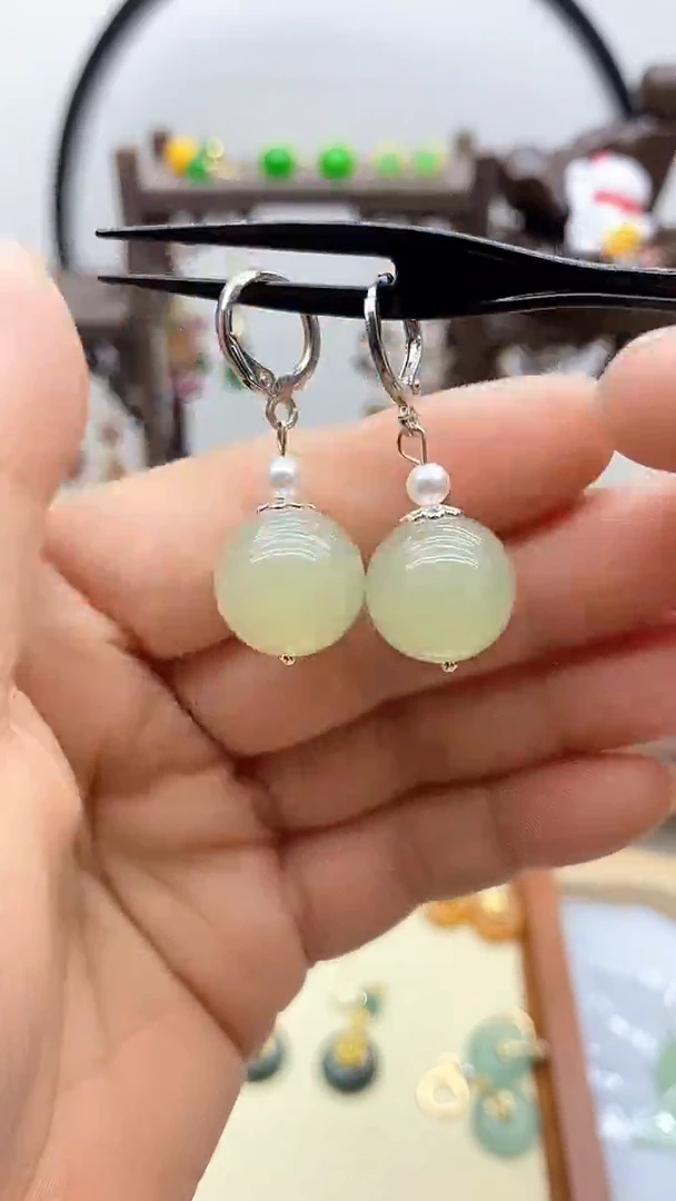 和田玉银S925镶嵌耳饰134