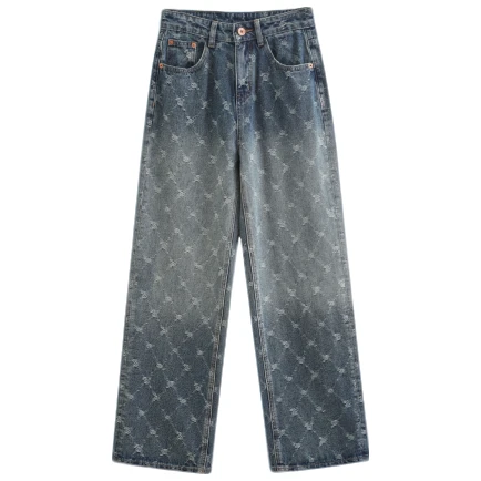 高腰直筒时尚百搭宽松破洞设计师水洗牛仔裤-8418