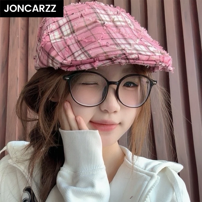 JONCARZZ显脸小粉色前进帽刺毛格纹女夏温柔韩版百搭甜美鸭舌帽