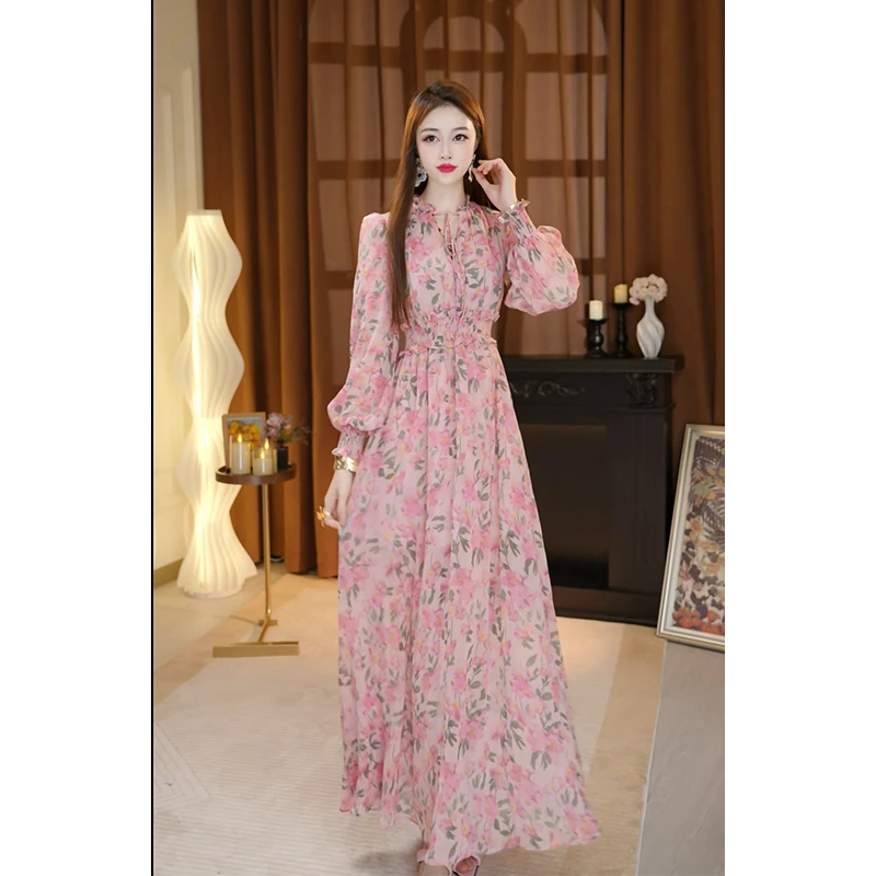 尤克菲儿 原创 高定轻奢 雪纺碎花V领收腰 高级气质印花连衣裙