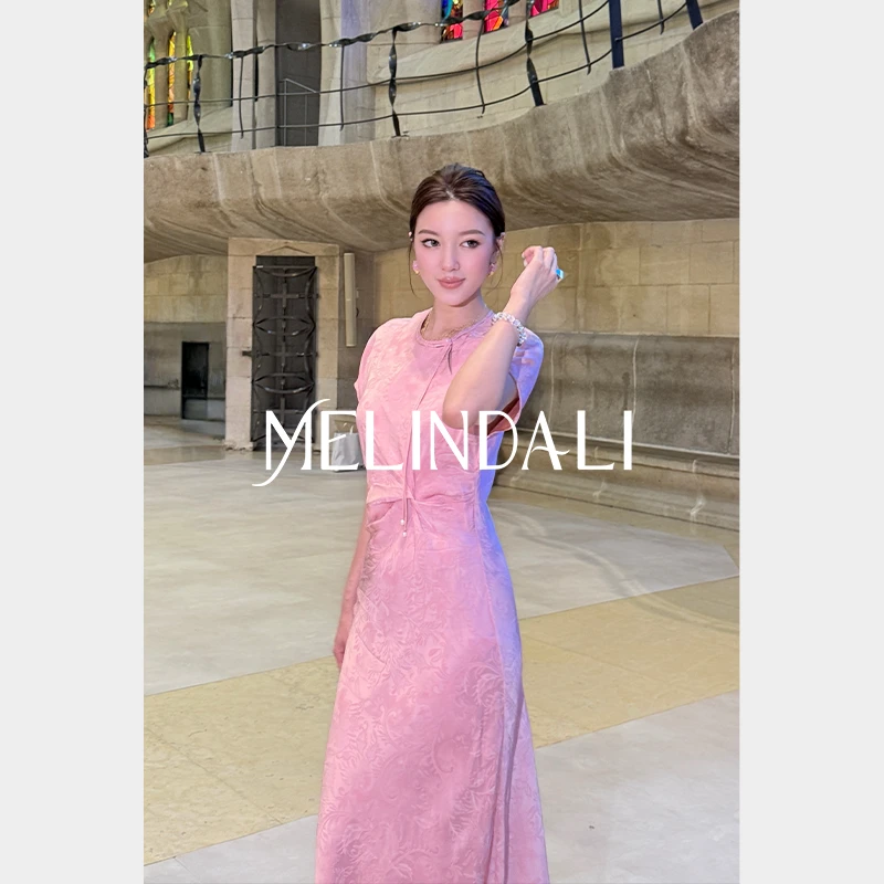 Melinda Li【洛神赋】新中式人丝提花斜裁扭结收腰连肩袖连衣裙旗袍