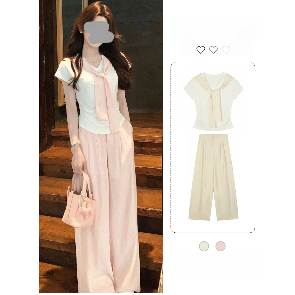 【夏日漫游】「拉夫假日」洋气减龄设计感上衣休闲裤高腰显瘦阔腿裤子