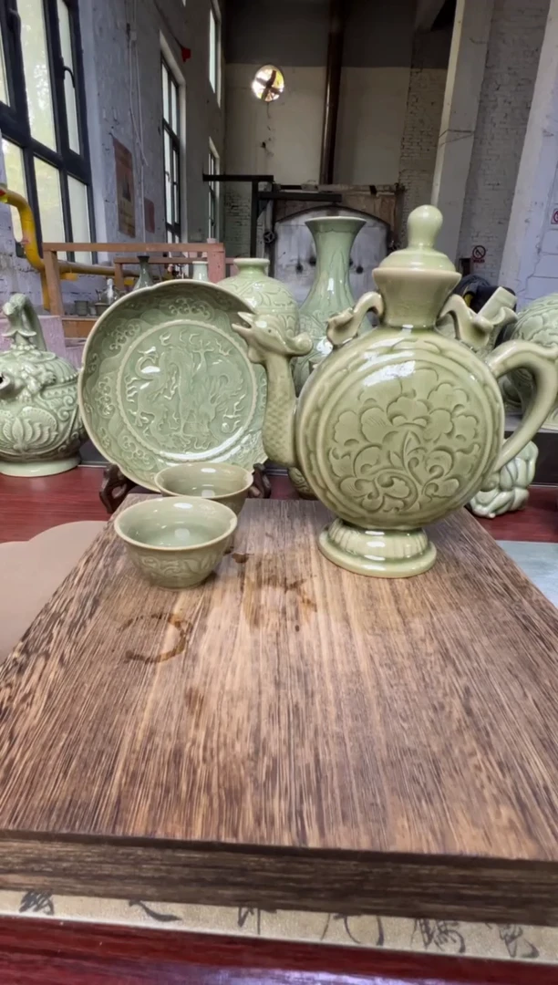 微瑕耀州窑凤鸣壶+莲纹小杯2