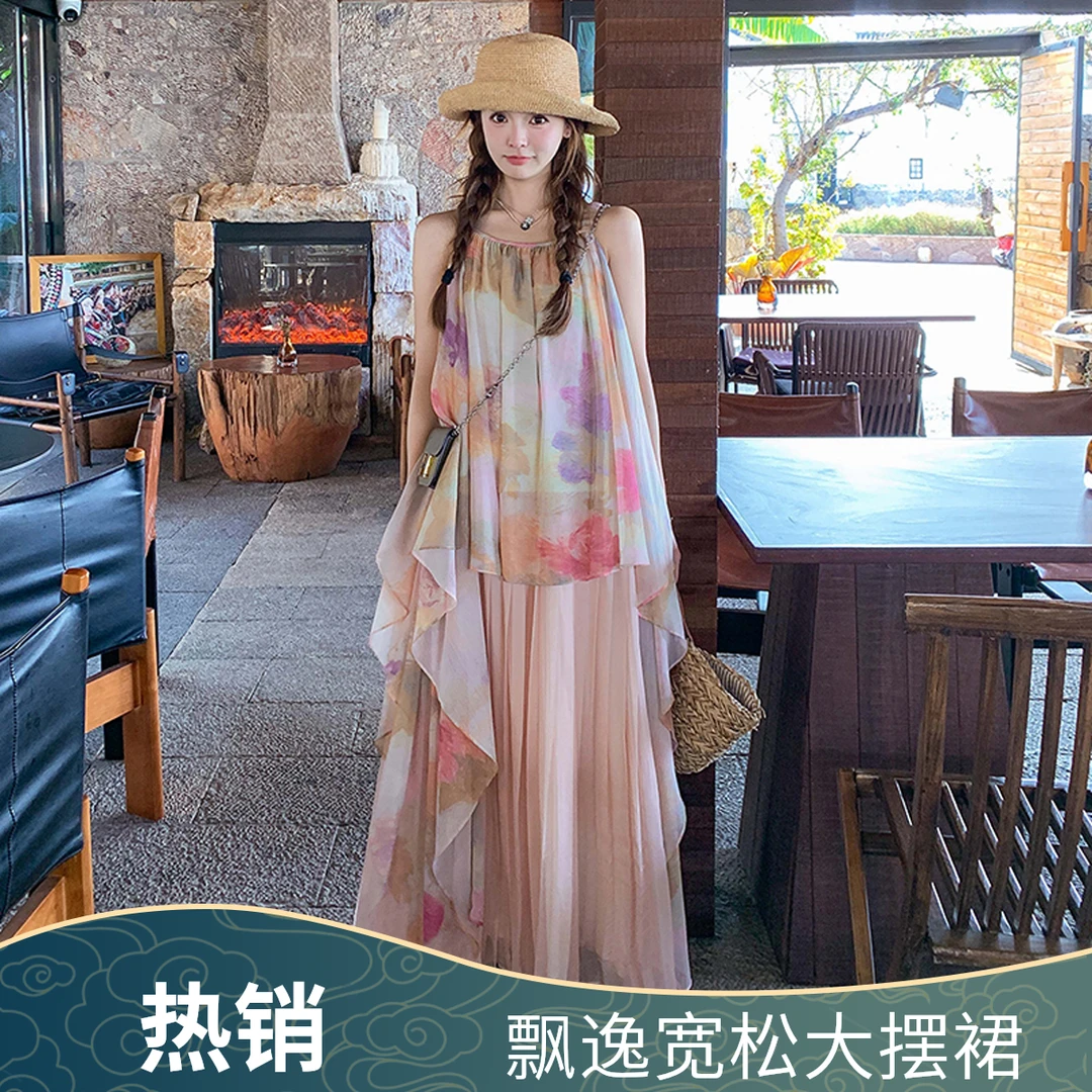 独特漂亮夏日绝美小裙子女夏法式艺术感叠穿不规则长款吊带连衣裙