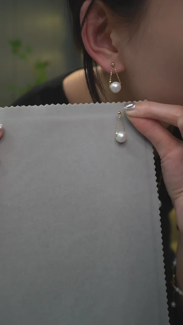 【闪购商品】淡水珍珠耳饰18K金镶嵌通体18K金     白色秋千耳环