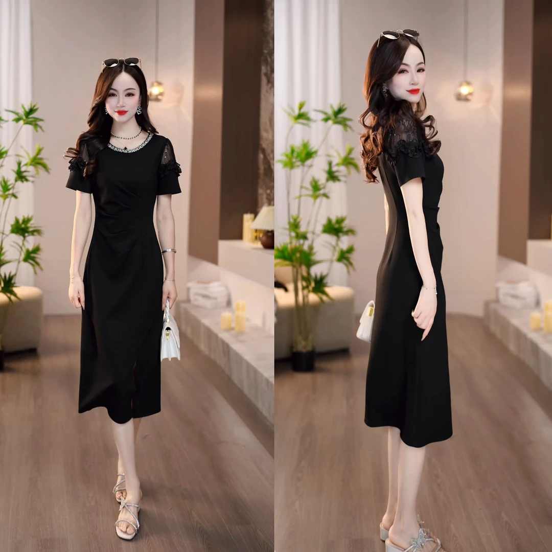 2025夏季新款名媛范肩部蕾丝镂空小黑裙经典礼服连衣裙M-4XL