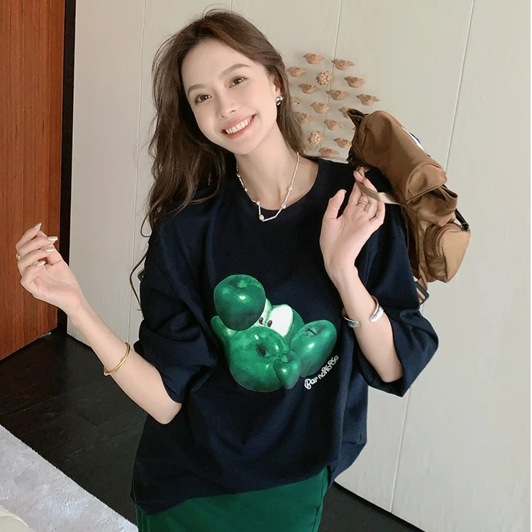 美洋MEIYANG 青苹果T恤 磨毛保暖胶印字母绣花宽松休闲圆领上衣