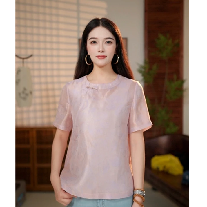 茉莉 新中式国风  复古时尚宽松圆领衬衫 78725 M