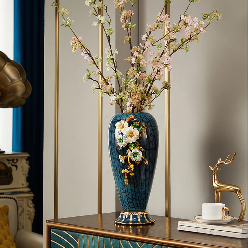 轻奢高端珐琅彩玻璃花瓶摆件客厅玄关欧式家居插花美式家居装饰品