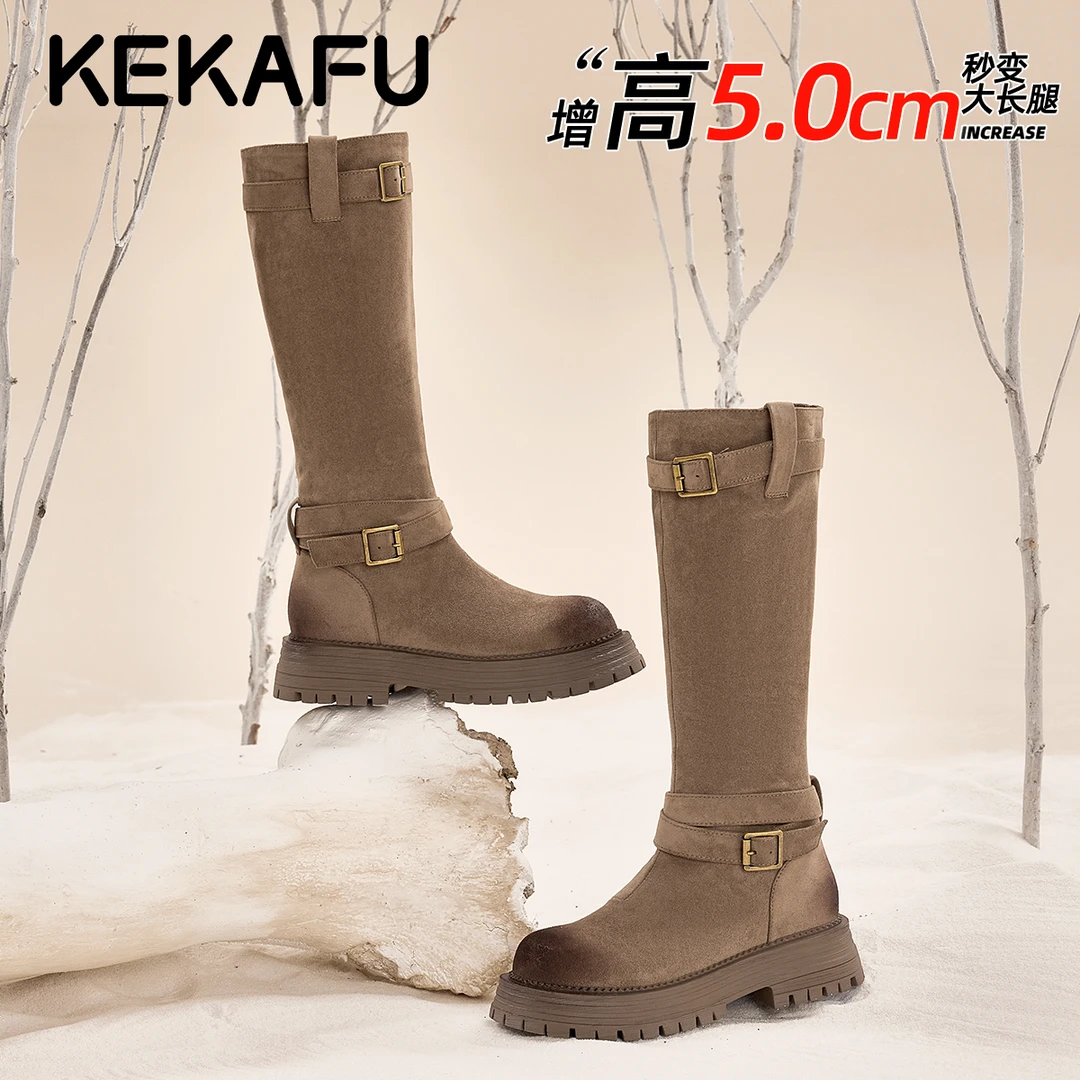 珂卡芙长腿担当粗跟擦色圆头厚底高筒骑士靴女显瘦长靴加绒时装靴