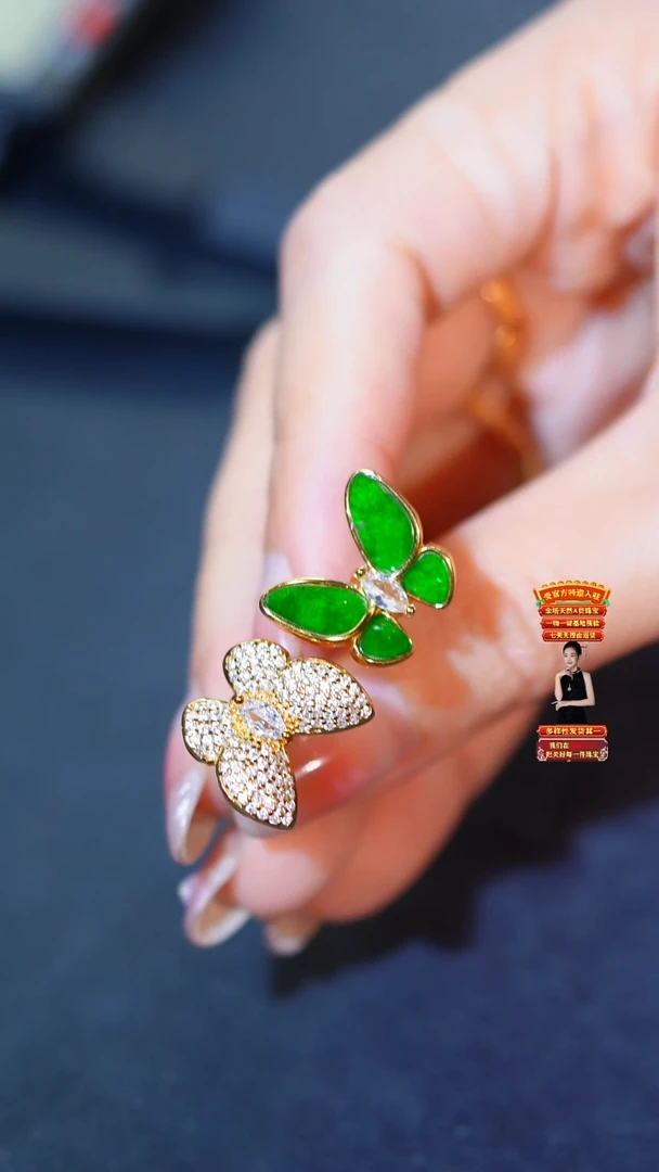 翡翠戒指银S925镶嵌天然缅甸A货翡翠 蝴蝶戒指 金典百搭