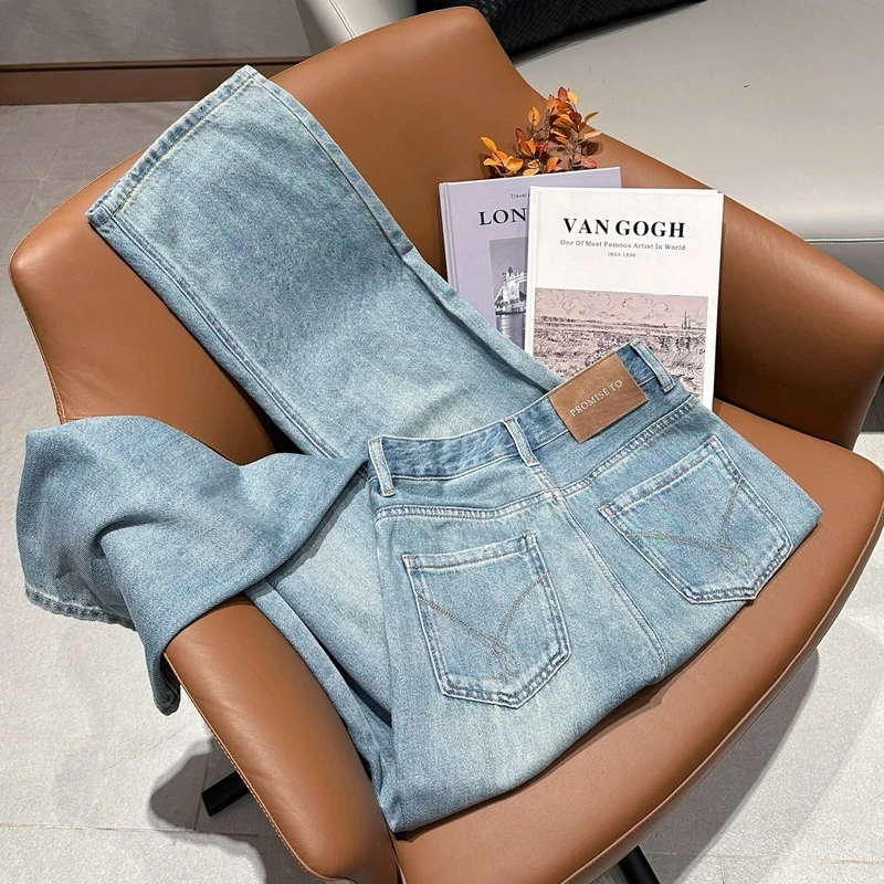 2025夏款复古蓝窄版阔腿无弹高腰牛仔垂坠直筒裤