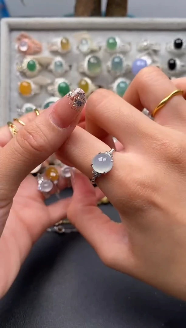 翡翠戒指银S925镶嵌天然A货翡翠7777+10