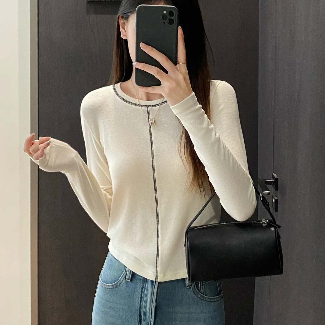 秋季新款撞色明线圆领长袖T恤时尚内搭打底衫百搭设计感上衣女