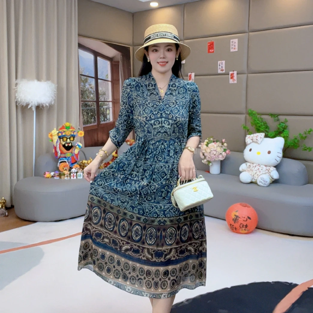 【火火精选】“‌复古蓝调”纯单层温婉大方慵懒风桑蚕丝连衣裙 80204