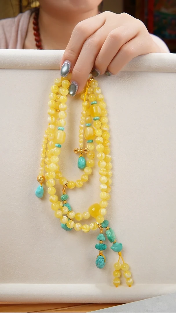 蜜蜡颈饰银S925镀金镶嵌蜜蜡108