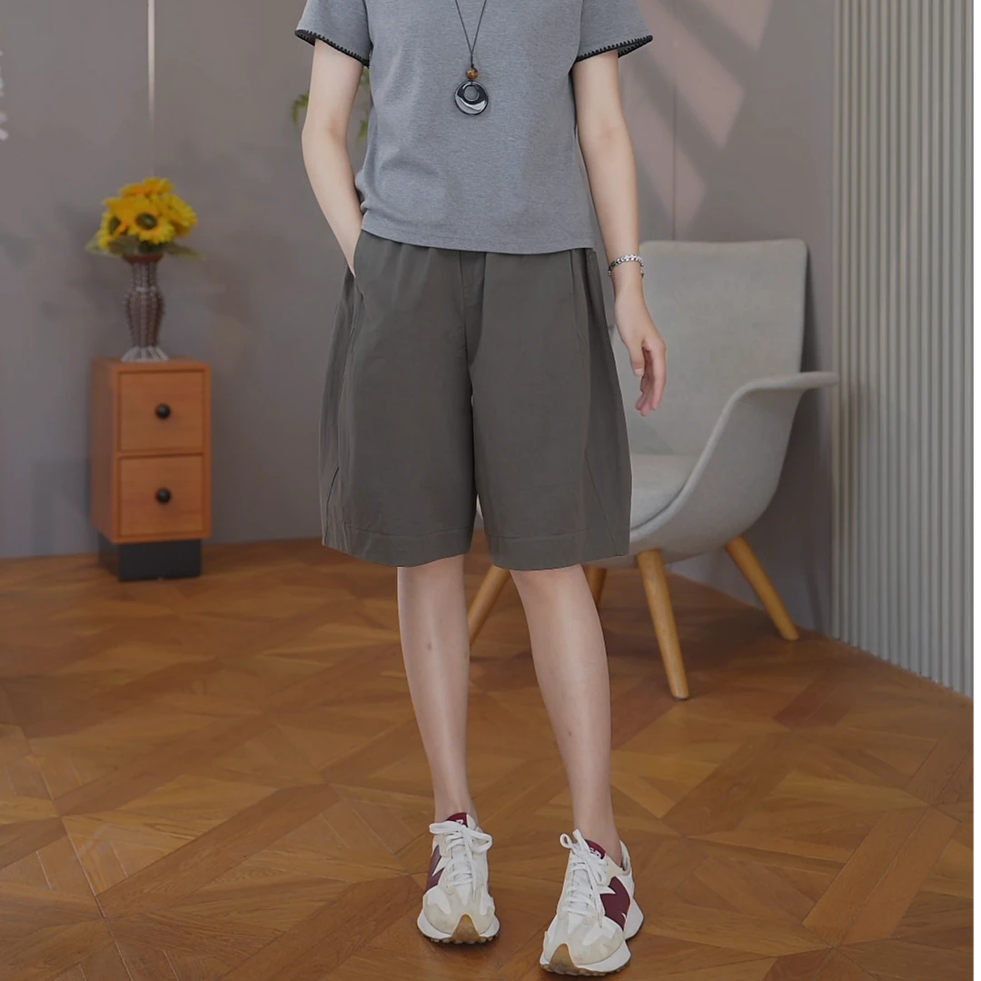 意述YISHU灰绿色五分裤女2025夏季新款大码复古简约大气百搭6202