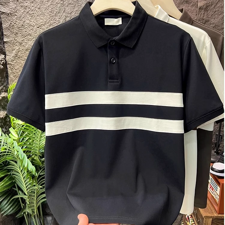 黑白拼色男士Polo衫夏季高级感轻熟风衬衫领T恤休闲翻领短袖男款