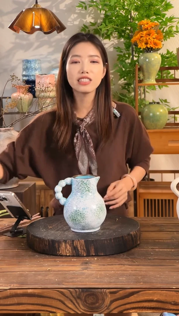 海盐青波-法式奶壶口花瓶】法式提手花瓶陶瓷花器摆件客厅花瓶