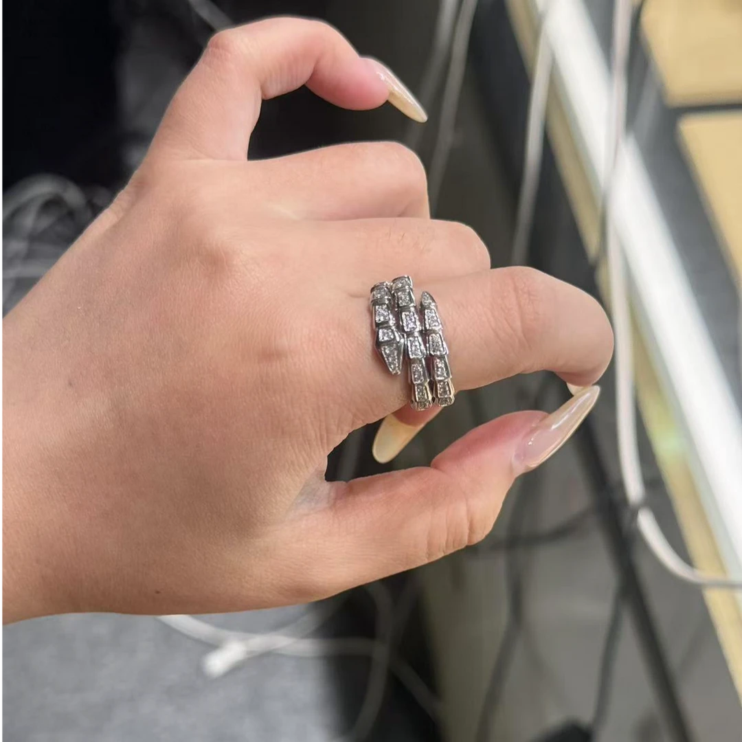 QANNA【蛇戒】【窄版三圈】18K金豪华满钻设计灵蛇钻石戒指