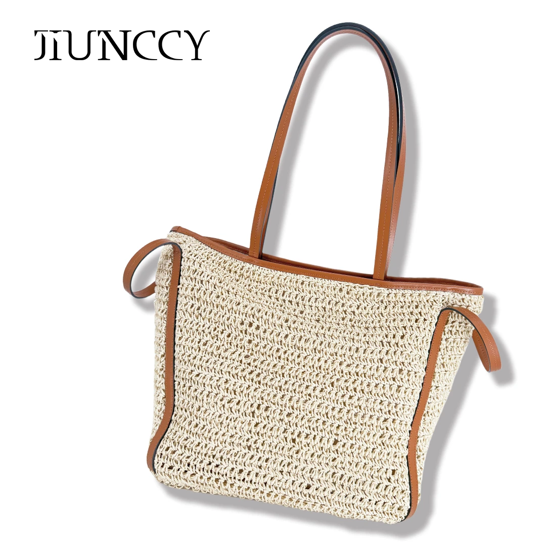 JIUNCCY 进口纸莎草拼接头层牛皮手工编织托特草编包 52YBB005