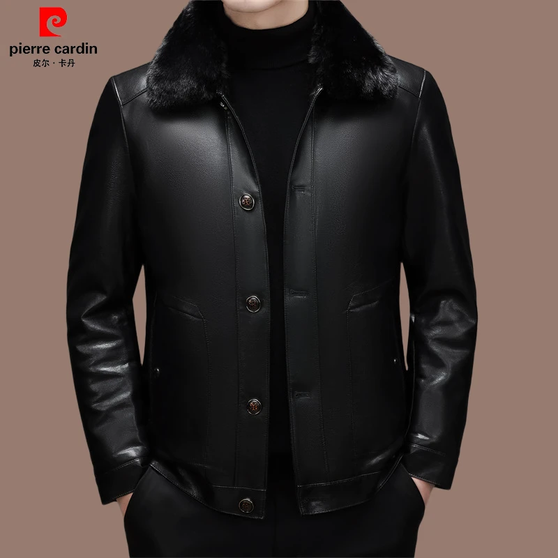 皮尔卡丹厚款男士翻领休闲皮衣冬季加绒高档爸爸外套保暖毛领可拆