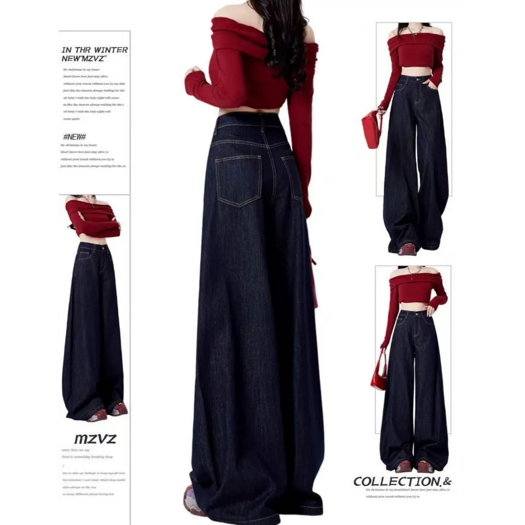 [现货] 夏季薄款丹宁蓝色阔腿牛仔裤女设计感大码百搭高腰宽松