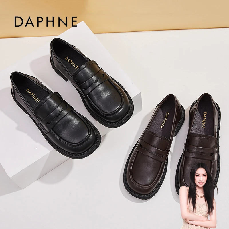 达芙妮秋冬上新简约高端厚底乐福鞋英伦风低跟复古圆头黑色小皮鞋