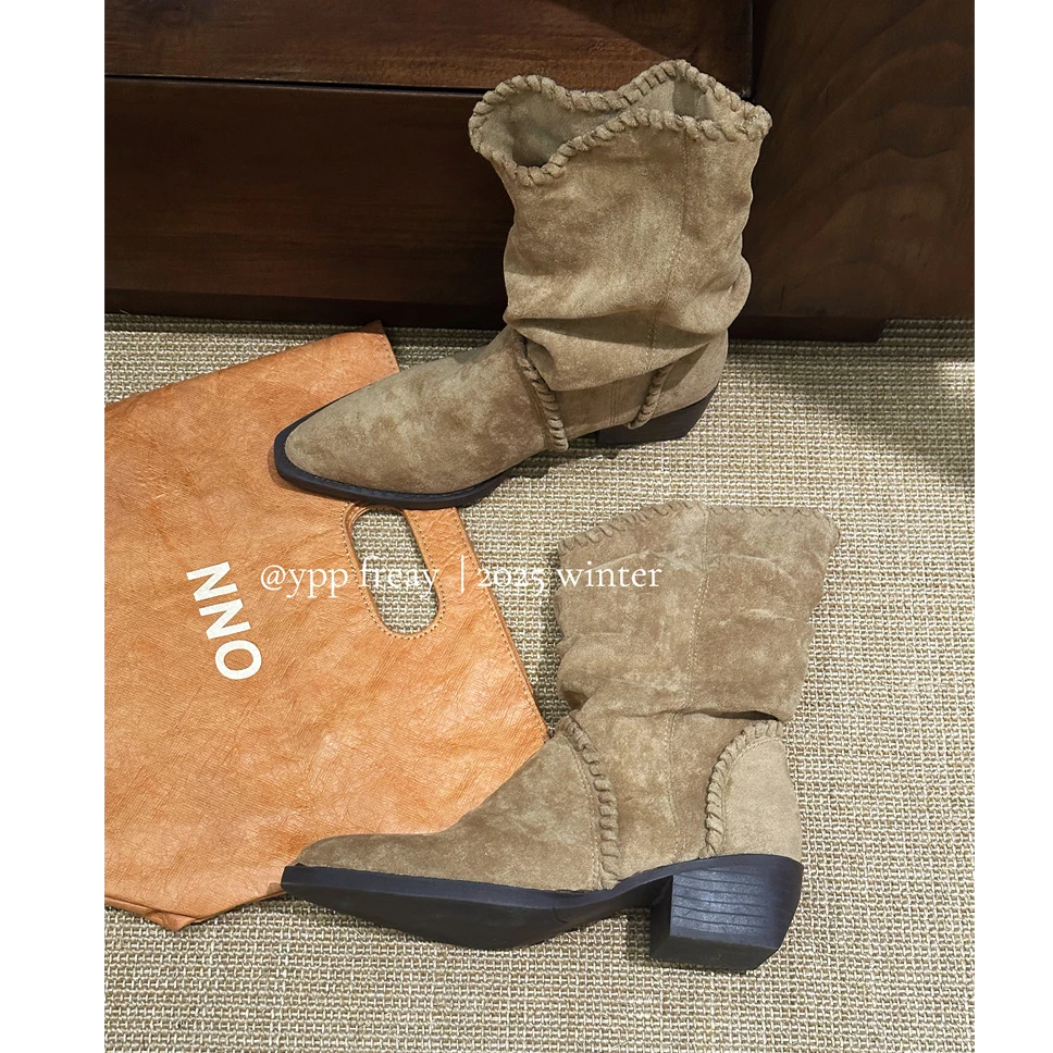 YPP!【西部短靴】复古气质短筒V口绒面百搭西部风尖头粗跟短靴