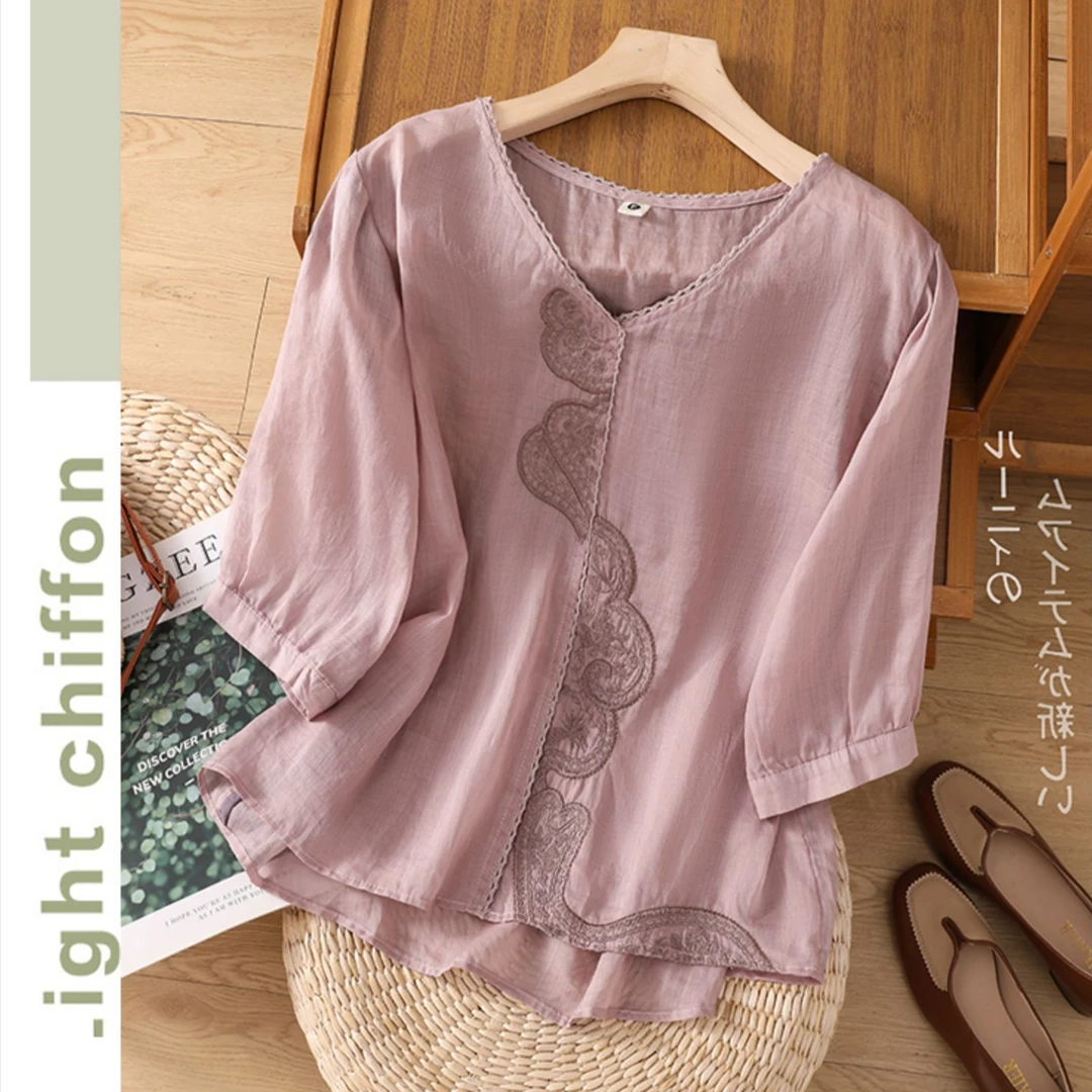 【当天发+退换包邮】复古刺绣棉麻短袖女夏装2025新款百搭上衣491