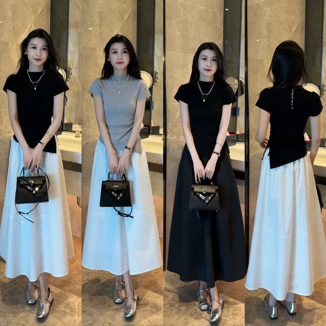 时尚百搭两穿抽绳修身短袖毛针织衫+半身摆裙修身遮胯显瘦套装