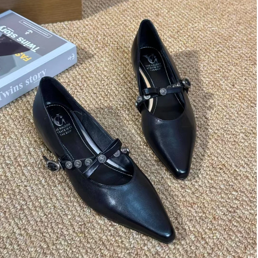 （牛皮/4.5厘米）春季新款欧洲站尖头一字带蝴蝶结真皮内增高单鞋