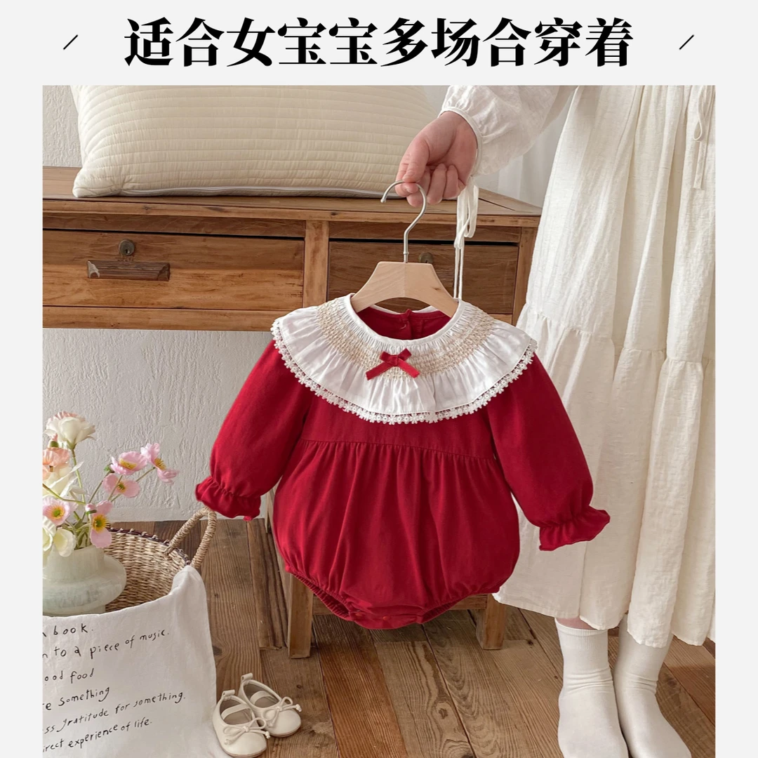 满月百天宝宝衣服红色长袖包屁衣婴儿洋气周岁礼服女孩连体衣a类