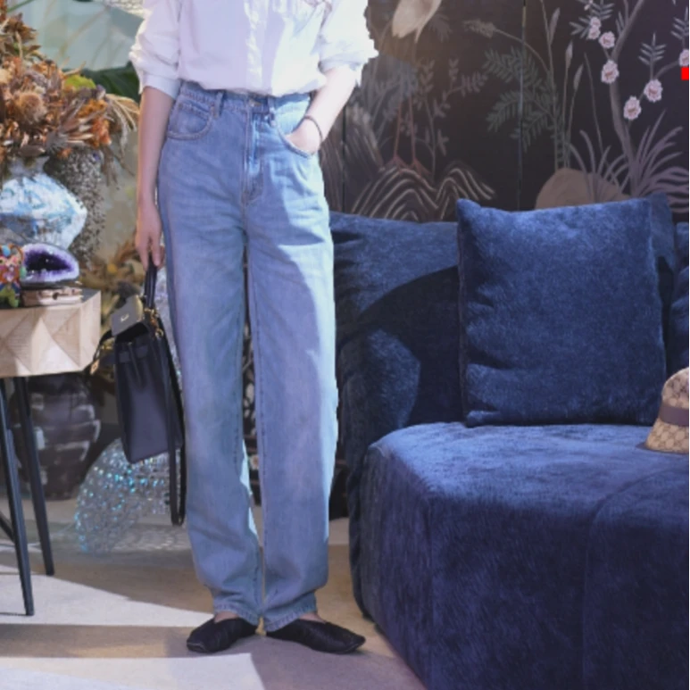 【夏日薄牛】重工洗水手磨直筒棉质轻薄高腰显高显瘦浅蓝烟管牛仔裤