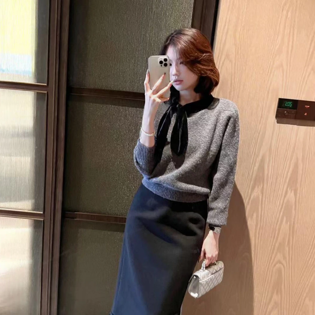 法式气质丝绒系带长袖毛衣女冬季千金风针织衫别致短款亮闪闪上衣