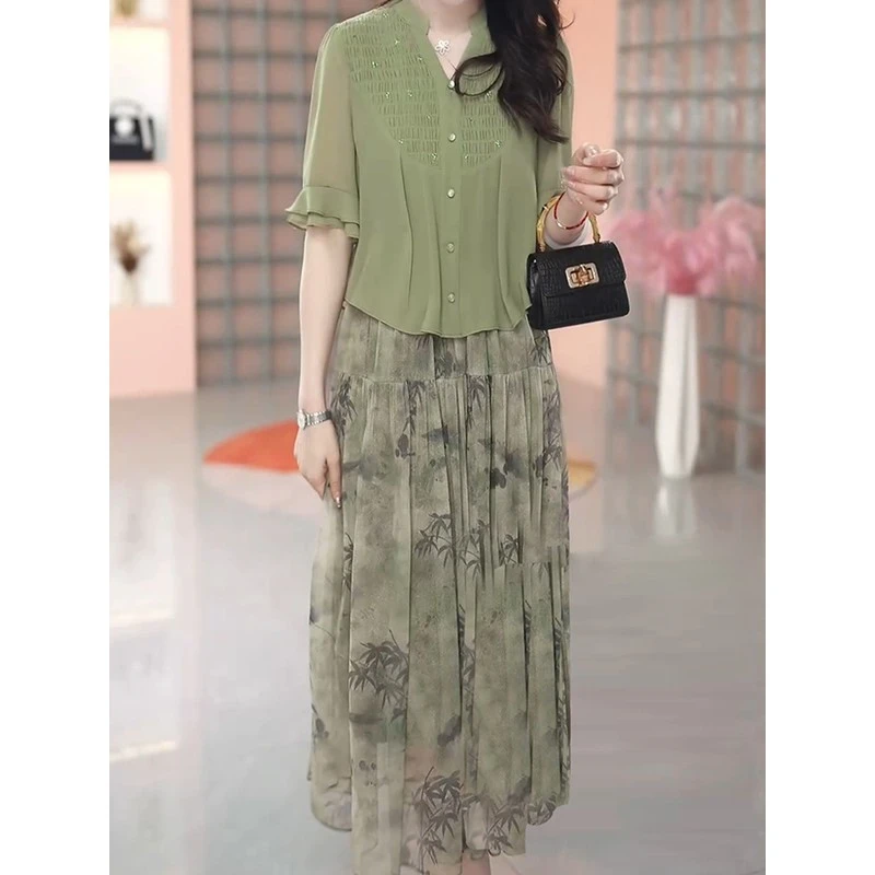 高端时尚假两件连衣裙女夏季新款气质中长款显瘦遮肉A字裙5209#