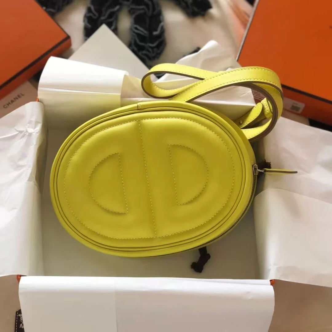 99新 Hermes/爱马仕 猪鼻子腰包柠檬黄银扣s皮胸包