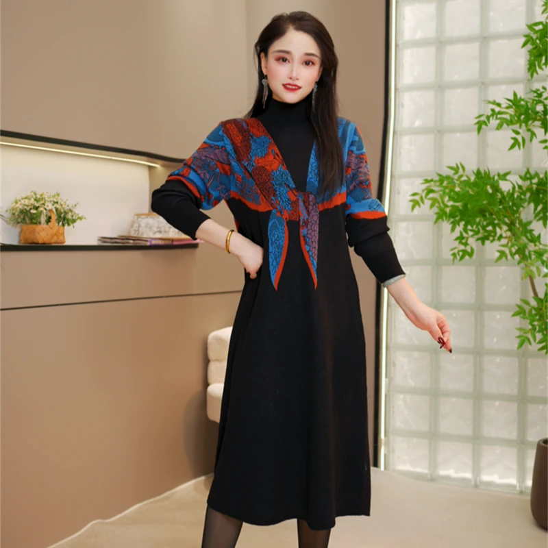 秋冬新款气质优雅撞色半高领长款针织衫百搭休闲女士毛衣打底裙子