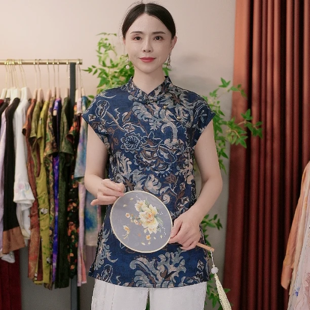 新中式国风水墨蓝花香云纱上衣7569