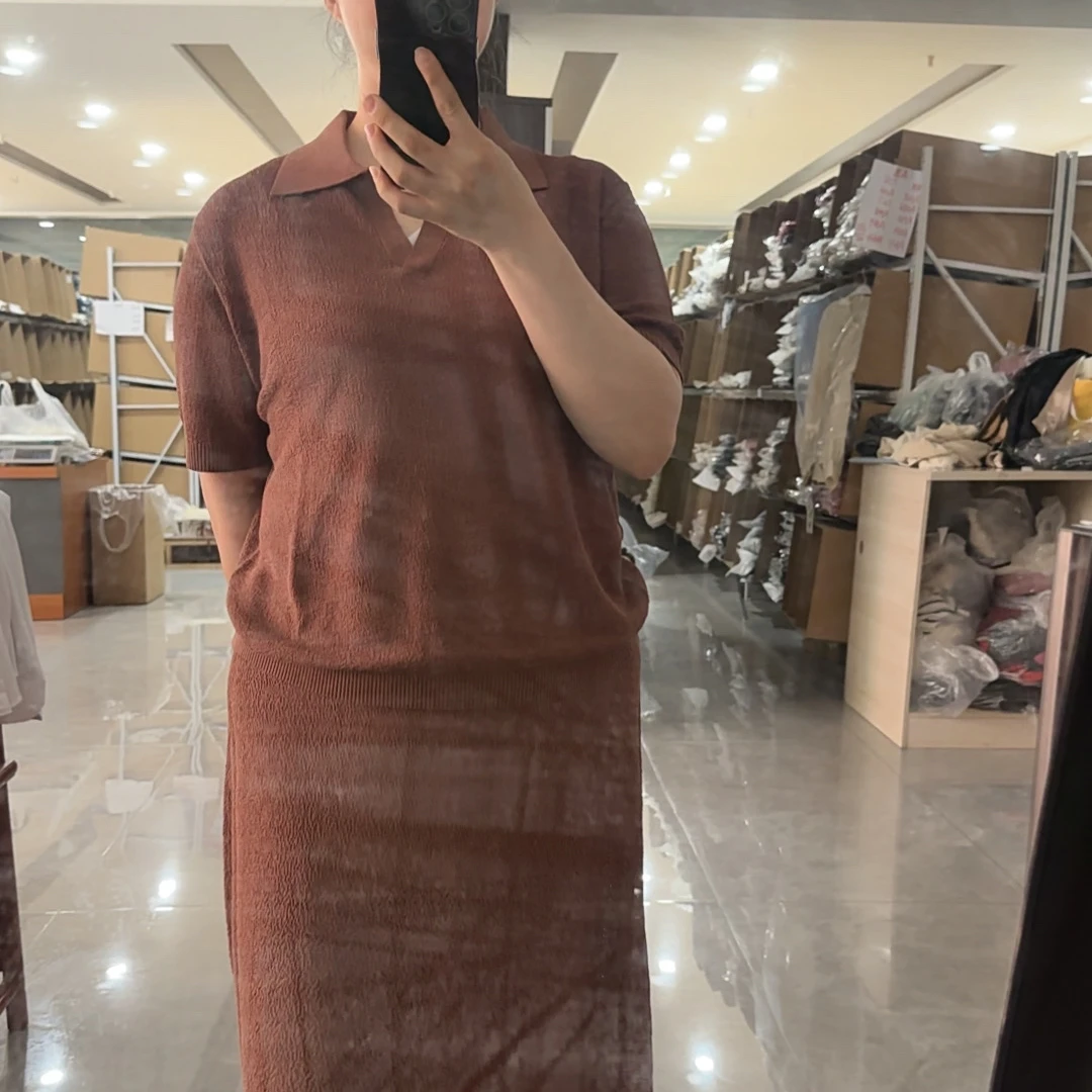 和纸纱轻奢简约POLO剪刀领短袖上衣高腰半身裙女