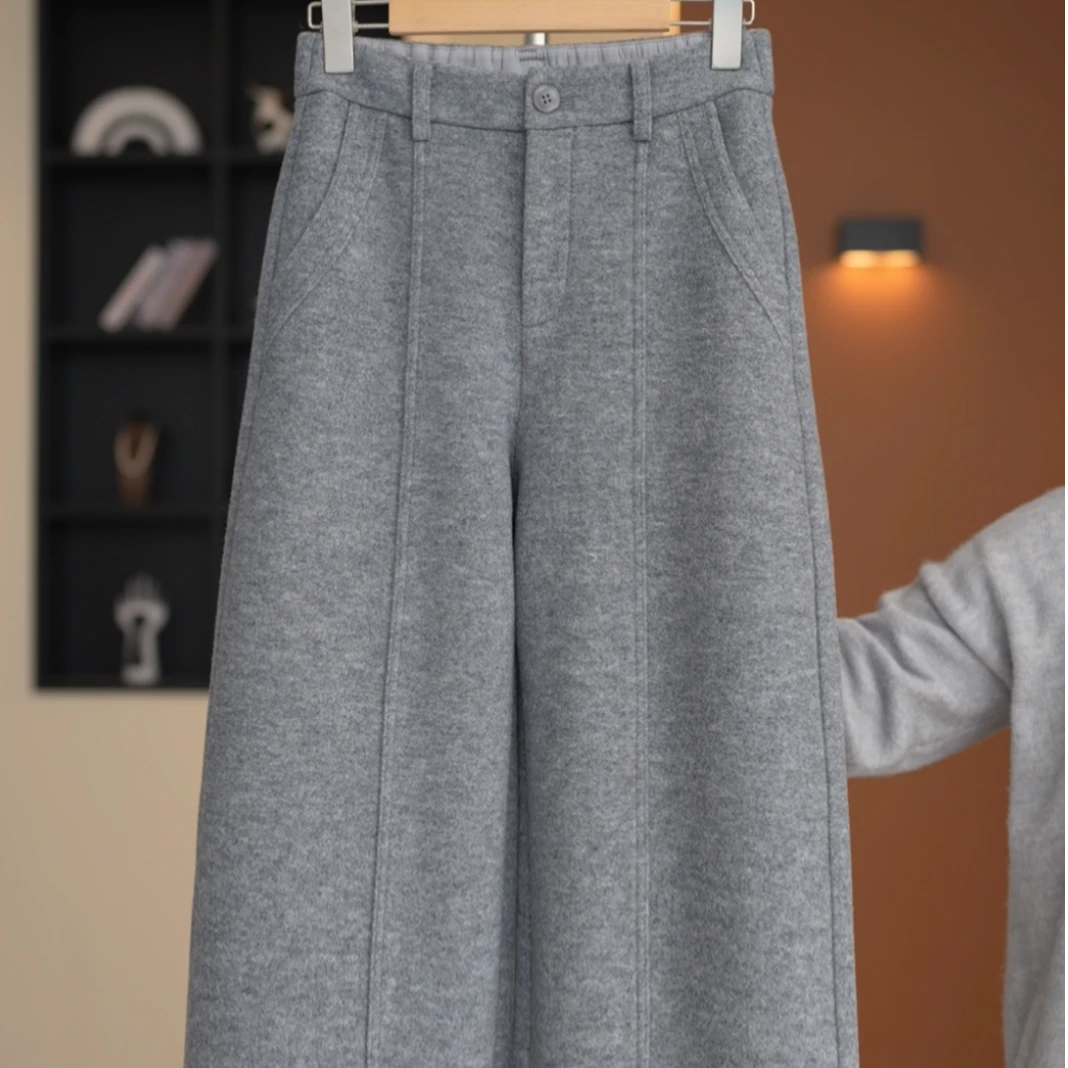 【菲儿】设计感立体高腰阔腿加绒休闲裤-K20220