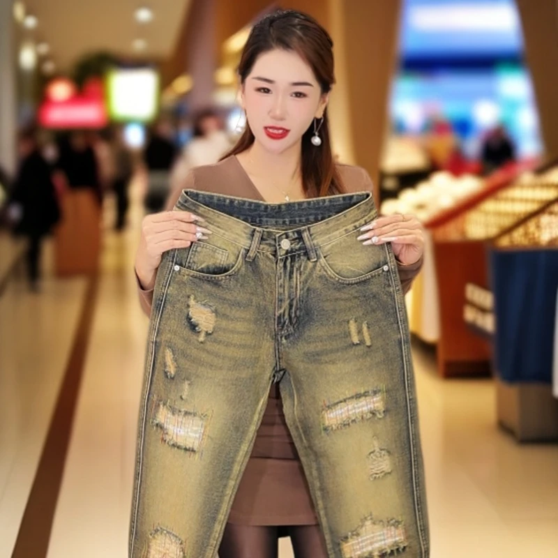 秋季款破洞男士牛仔裤做旧水洗泥黄色显瘦显高潮牌痞帅修身直筒裤