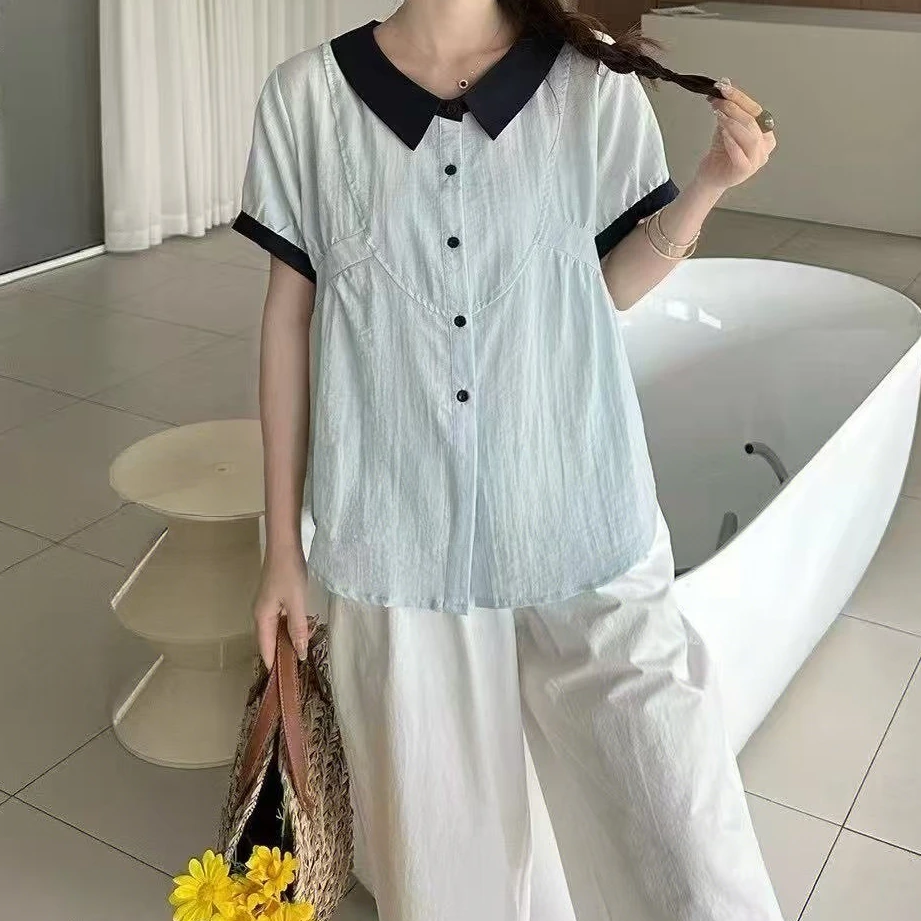 38102撞色拼接翻领短袖衬衣女夏季甜美减龄宽松显瘦娃娃衬衫上衣