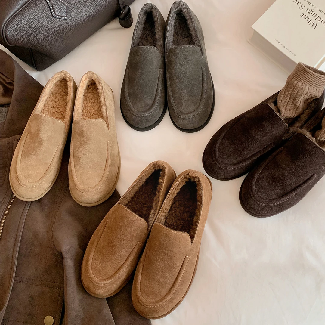 复古老钱风加绒乐福鞋女冬季新款一脚蹬棉鞋加绒保暖毛毛豆豆鞋