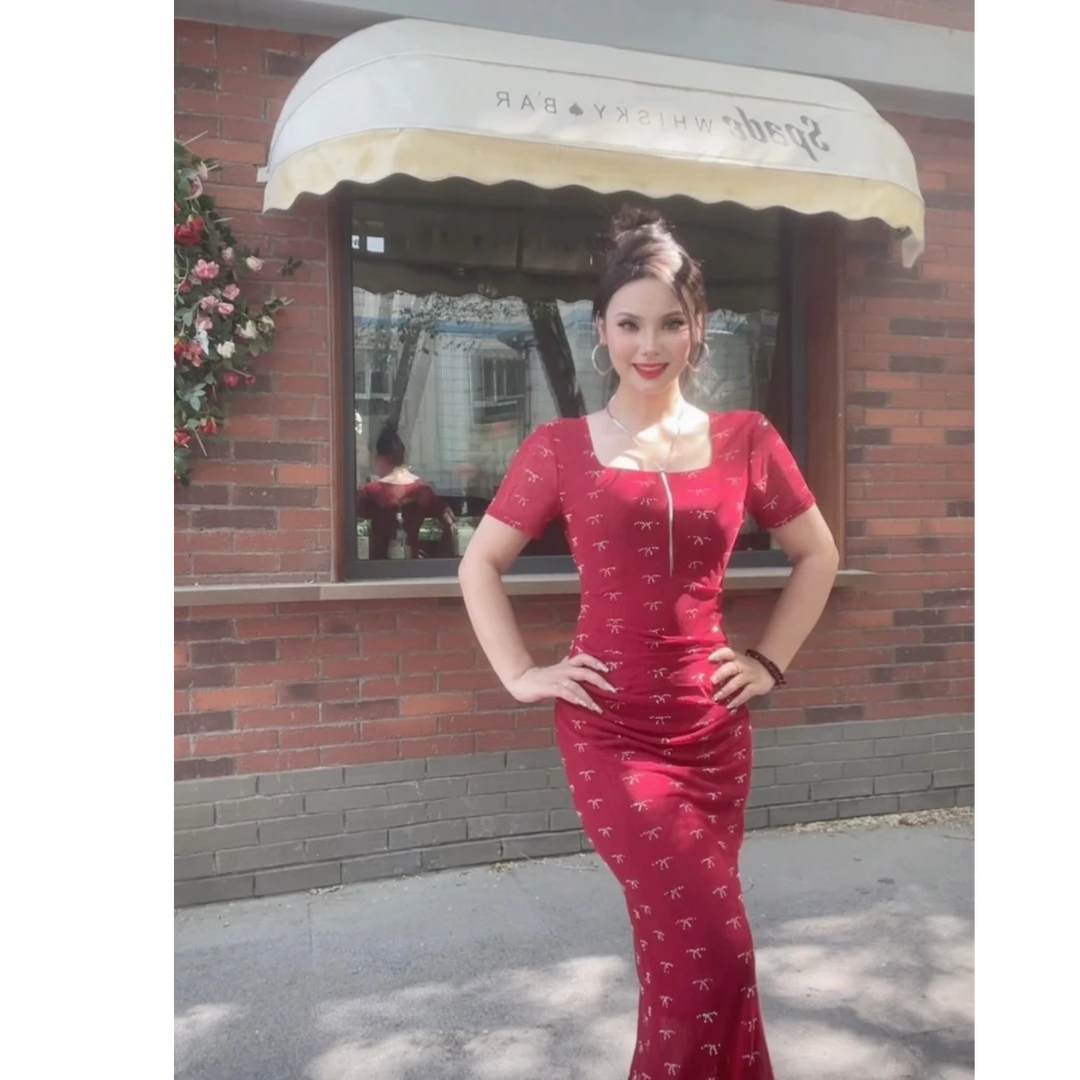 9801【包邮】新款时尚夏季方网纱领烫钻气质女装连衣裙