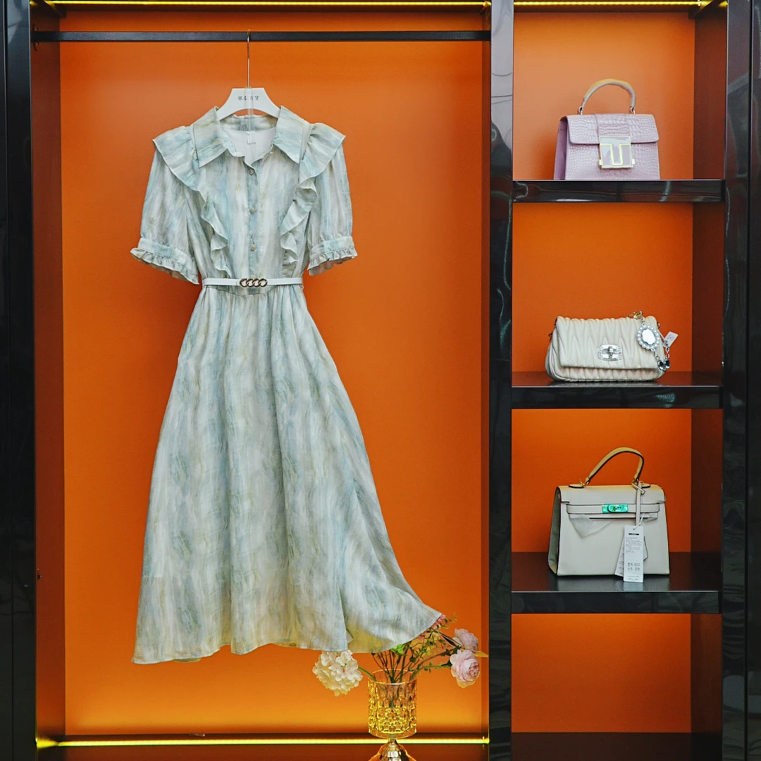 [深圳南油高定]夏气质法式收腰显瘦轻奢百搭优雅中长连衣裙MU336