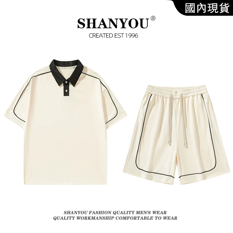 撞色休闲运动套装男士短袖polo衫夏季潮牌时尚宽松t恤短裤两件套